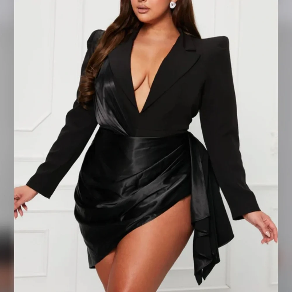 Black Asymmetrical Draped Blazer Dress - Picture 2 of 10